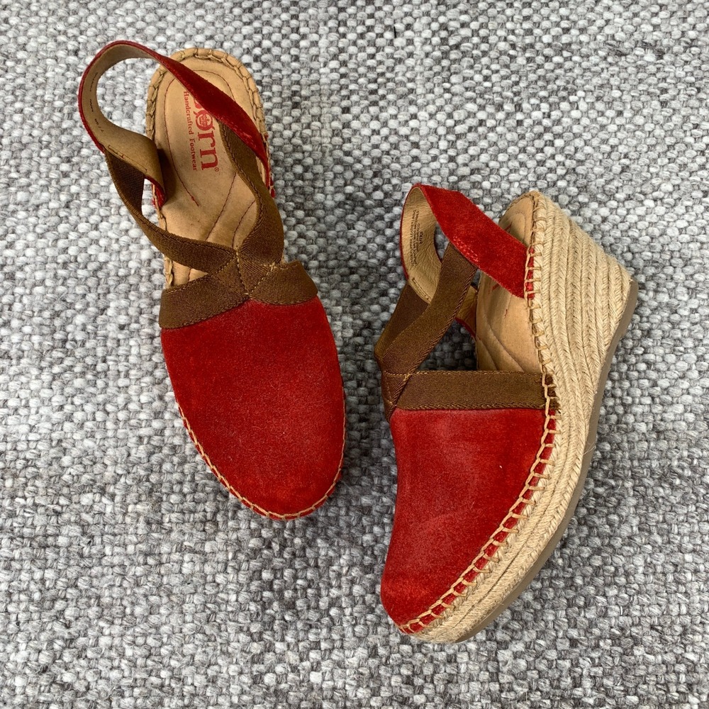 Born Espadrille Wedge Sandals Womens 7 Red Suede Slingback F63705 Jute Platform